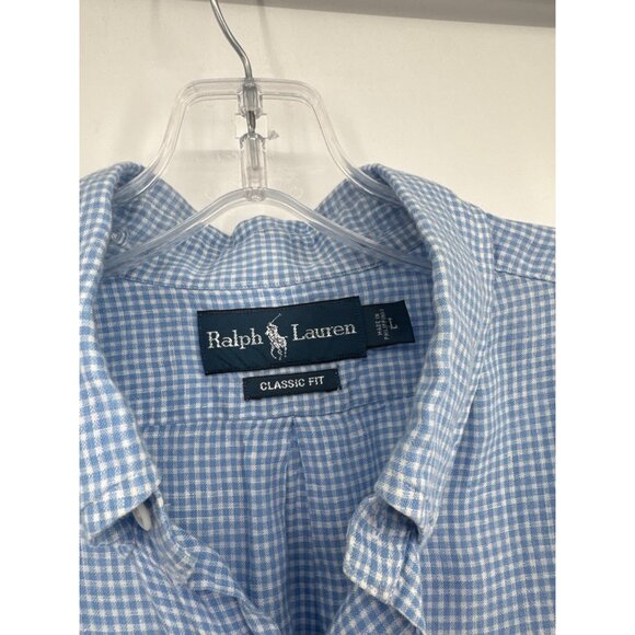 Ralph Lauren Mens Classic Fit Blue Gingham 100% Linen Shirt Size Large - Picture 2 of 6